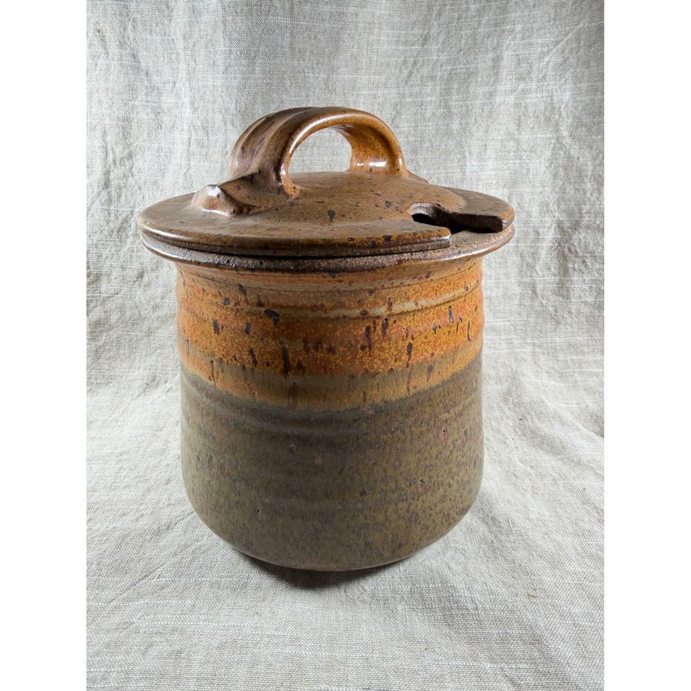 Studio Pottery Signed Lidded Crock Brown Speckled Glaze Bean Pot Notched Lid 8in